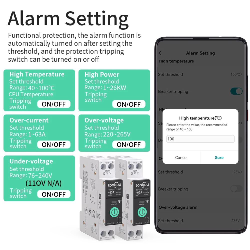 TUYA WiFi قطاع دارة ذكي أكثر من التيار تحت الجهد حماية قياس الطاقة 1-63A مفتاح تحكم عن بعد لاسلكي TONGOU