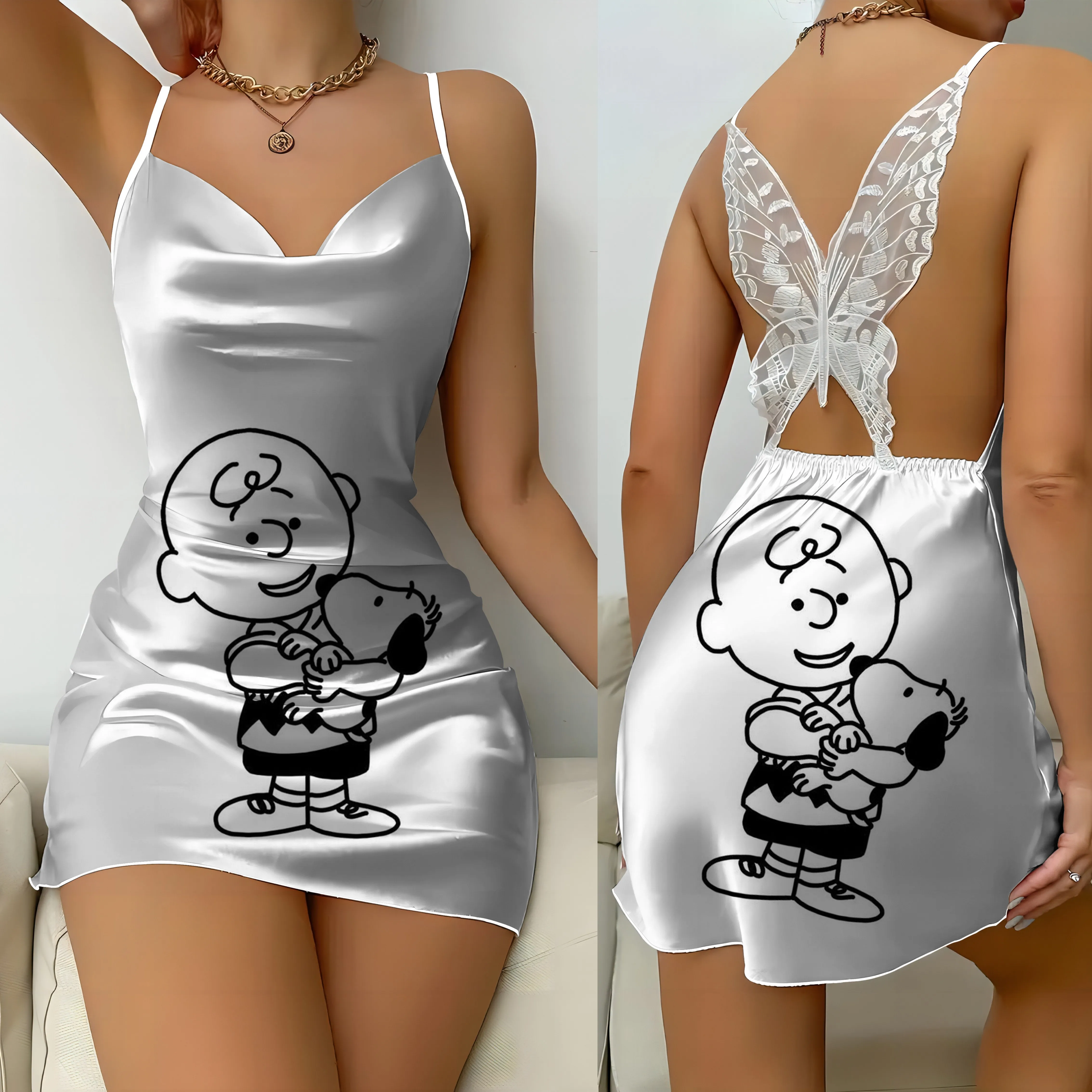 Vestido para Casa Snoopy Cetim Feminino, Saia de Pijama Nó Laço, Vestidos Sexy, Mini Superfície, Moda Kawaii, Tendência Verão, 2022