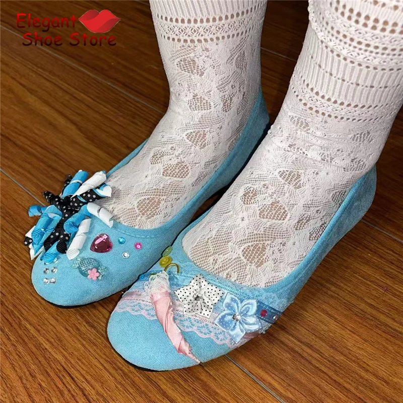 Lace Floral Decor Blue Suede Ballet Shoes Round Toe Shallow Casual Flat Shoes Summer Comfortable Versatile Women Mary Jane Shoes