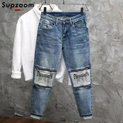 Supzoom 남성용 캐쥬얼 패치워크 카고 데님 포켓 코튼 청바지, 플라이 스톤 워싱 지퍼, 탑 패션, 가을, 신상, 핫 세일