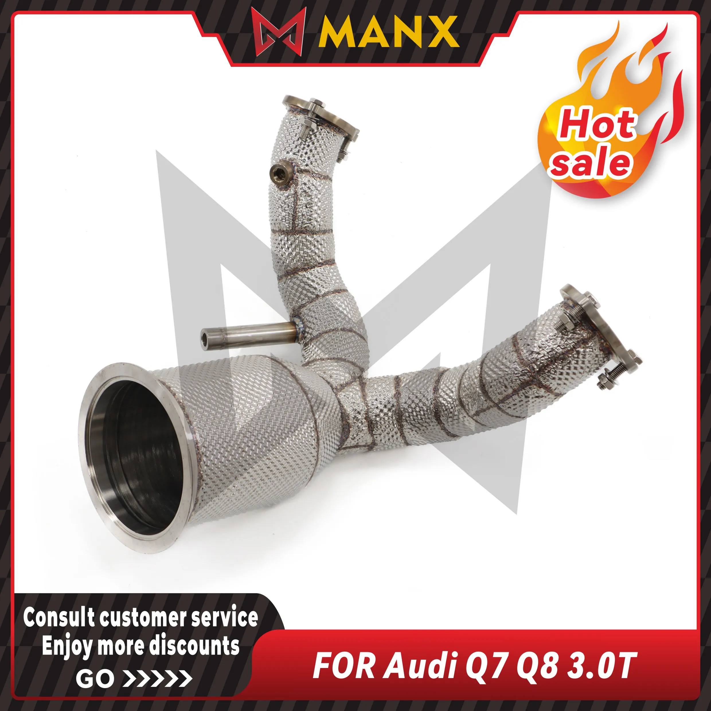 

High Flow Catted Downpipe for Audi Q7 Q8 3.0T 304 Stainless Steel Catless/200 Cell With heat shield Performance Gain
