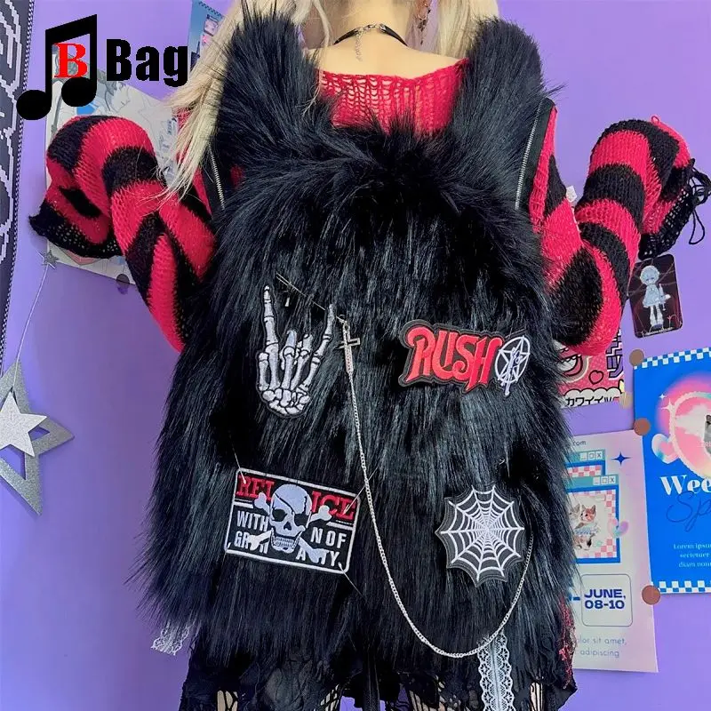 lovely fluffy Melard color scheme Backpack Women Gothic Punk black Spicy Girl Retro Vintage Bag Large Capacity Commuting bag