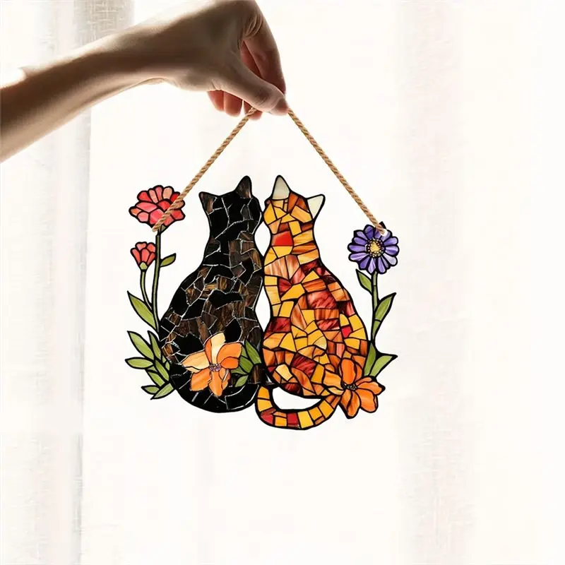 A23E-Garden Friendship Cat Acrylic Curtain Ornaments With Rope Pendant Colorful Sun Catcher