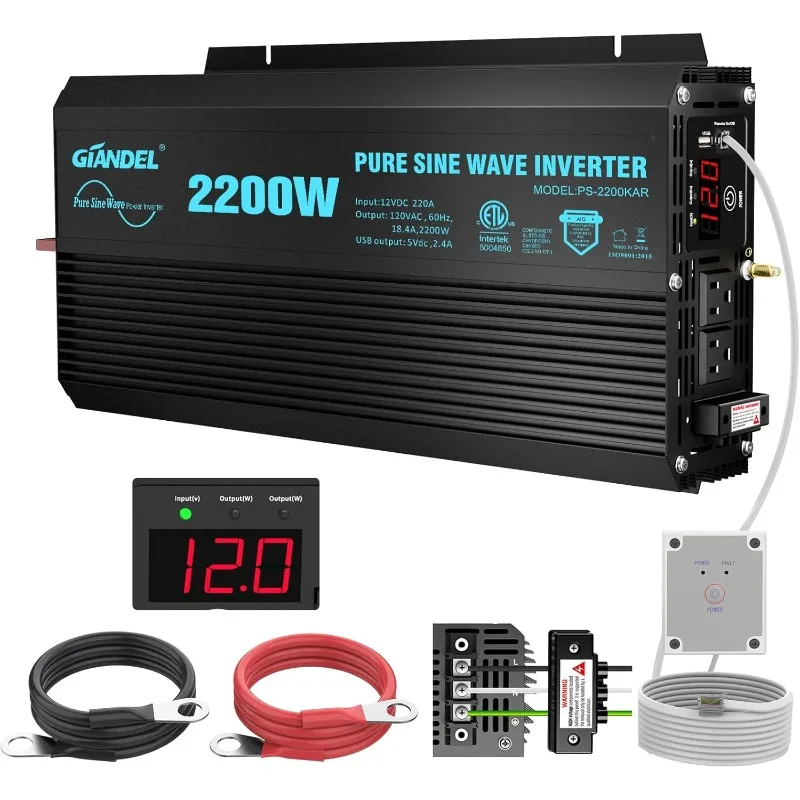 GIANDEL Pure Sine Wave Power Inverter 2200Watt ETL UL458 Listed DC 12V to 120 Vac with 20 Amps Hardwire Blocks