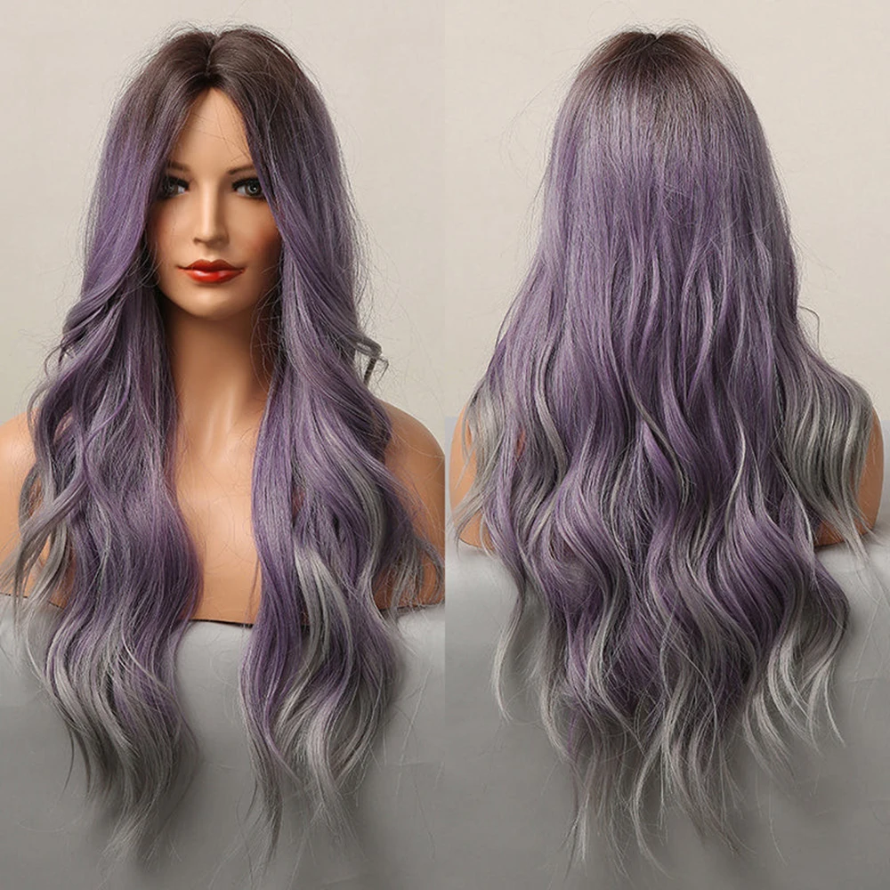 

Long Ombre Purple Natural Wavy Machine Made Synthetic Hair Wig With Bangs Costume Wig With Bangs for women