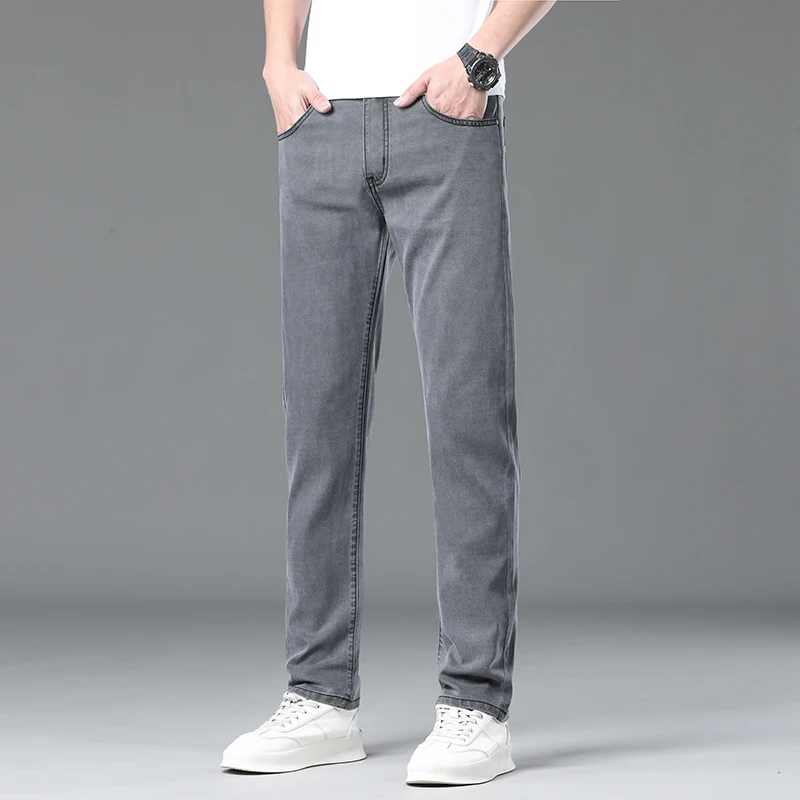 Black Gray Lyocell Summer Ultra-thin Jeans Men Breathable Straight Stretch Business Pants Fashion Casual Soft Denim Trousers
