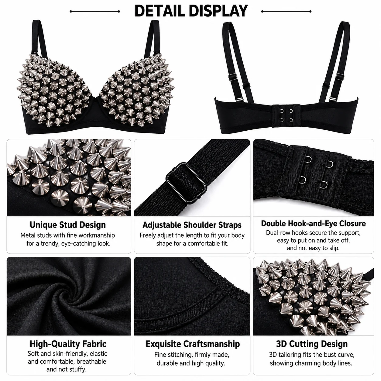 Nova Chegada: Bralette Feminino com Tachas, Sutiã Plunge Sexy Prateado com Rebites, Top de Lingerie Fashion para Balada