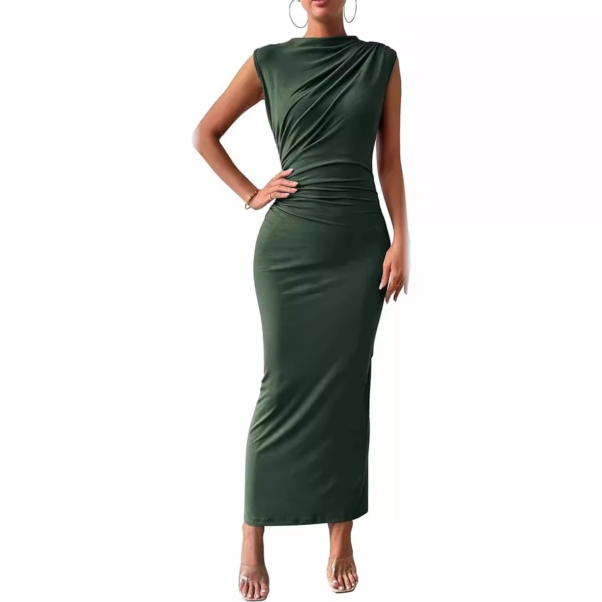 Cross-Border Spring Summer Women's Faion Svel Ba Split Pleated Tight Dr Clean Fit High Waist Linen Polyester Ble...