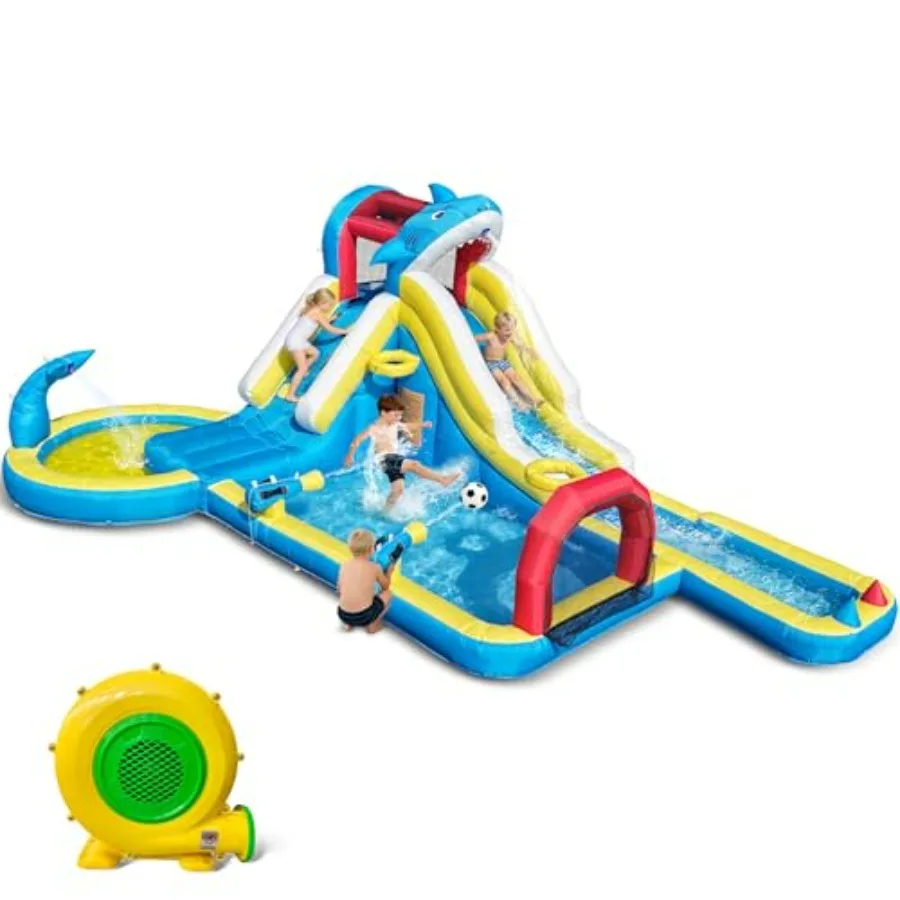 Inflatable Water Slide for 3-12: Outdoor Backyard Water Park, PVC Material, Blue-Yellow Shark Theme, Quick-Inflate with 480W Bl