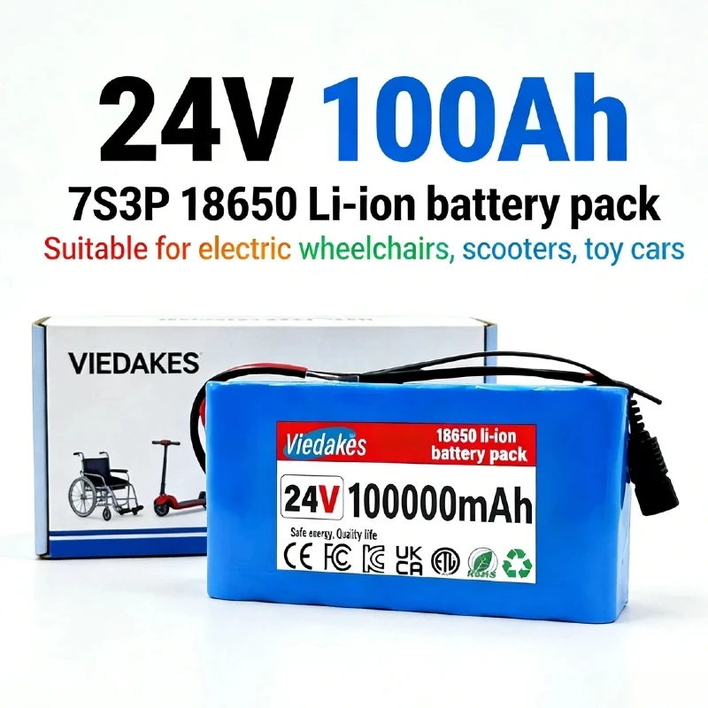 

24V 100Ah 7S3P Lithium Battery Pack 18650 Rechargeable with BMS +29.4V 2A Charger for Electric Wheelchair Mobility Scooter