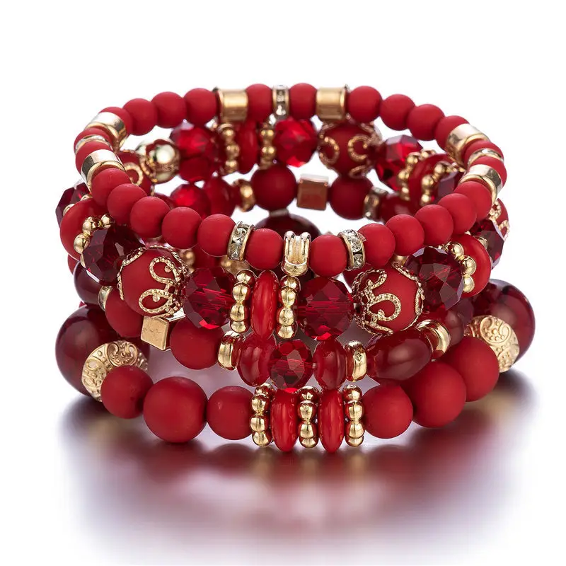 4-teiliges Boho-Armband-Set mit Kristallperlen und Kettendesign für Damen, Vintage-Herzanhänger, elastisches Armband, modischer Party-Schmuck für Frauen – Detail 3