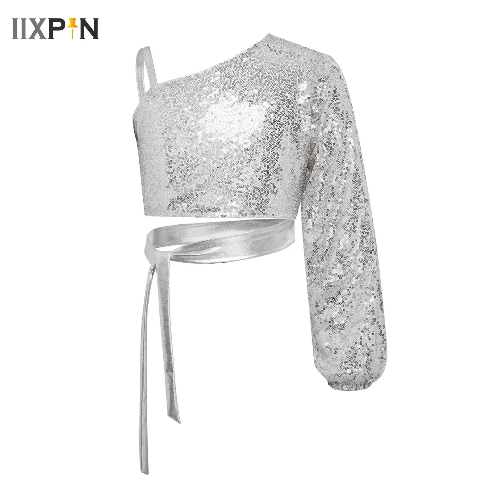 

Kids Girls Long Sleeve Lyrical Dance Top Sequins One Shoulder Self-tie Jazz Hip Hop Dance T-shirt Stage Performance Costume
