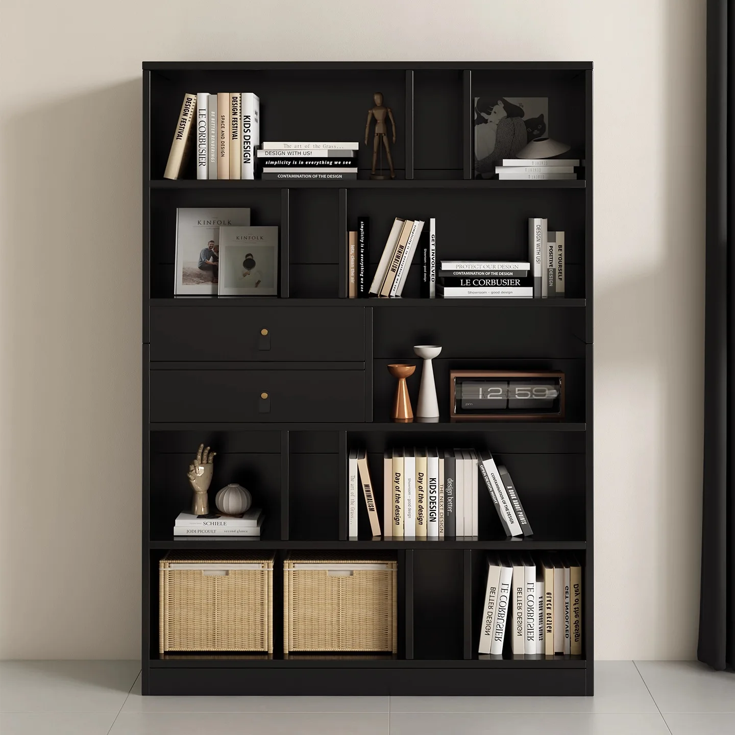 Bookshelf and Bookcase 6-Tier Wooden Bookshelves with Cabinet Doors, Floor Display and Office Storage Cabinets Library Furniture