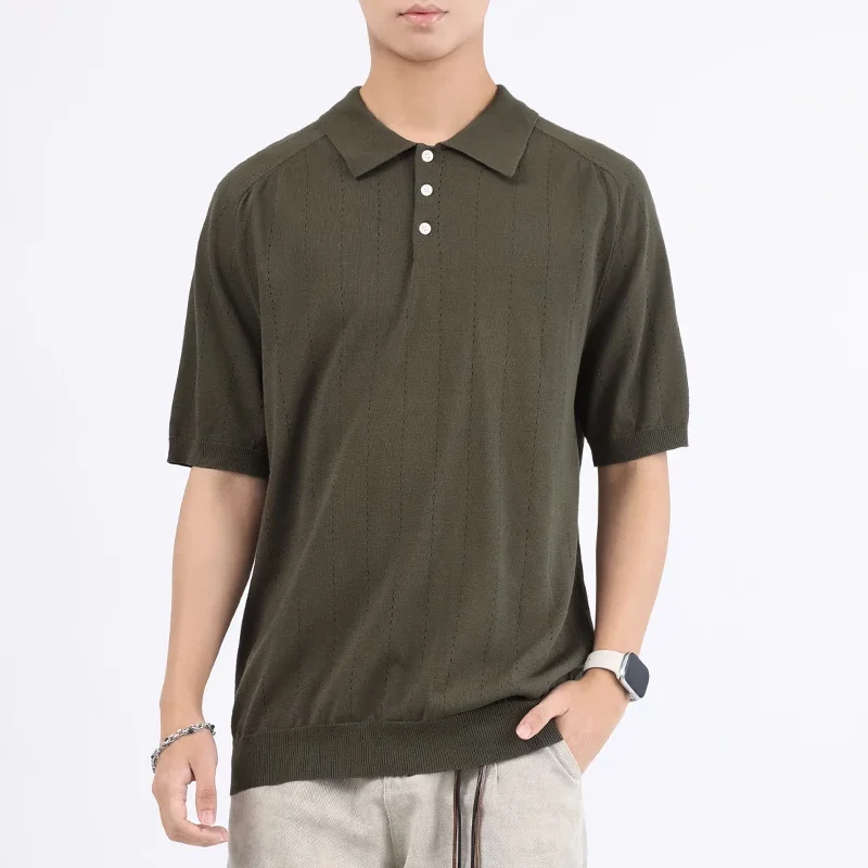 

BROWON Ice Silk Short Sleeve Sweaters Polo Shirt for Man 2025 Summer New Fashion Loose Knit Shirt Men Soft Breathable Tops Tees