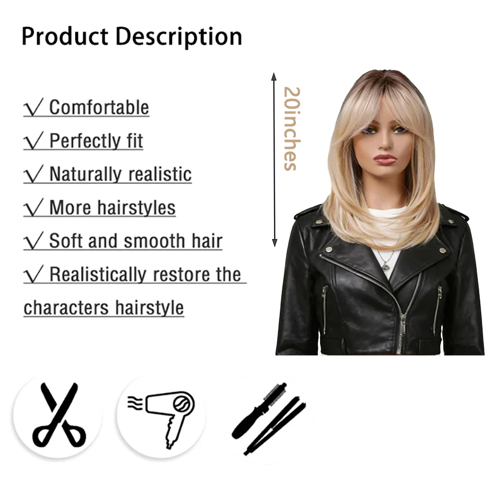 Ombre Blonde Layered Wig Dark Roots Balayage 20 Inch Straight Heat Resistant Fiber Synthetic Wigs For Women Daily Party Use