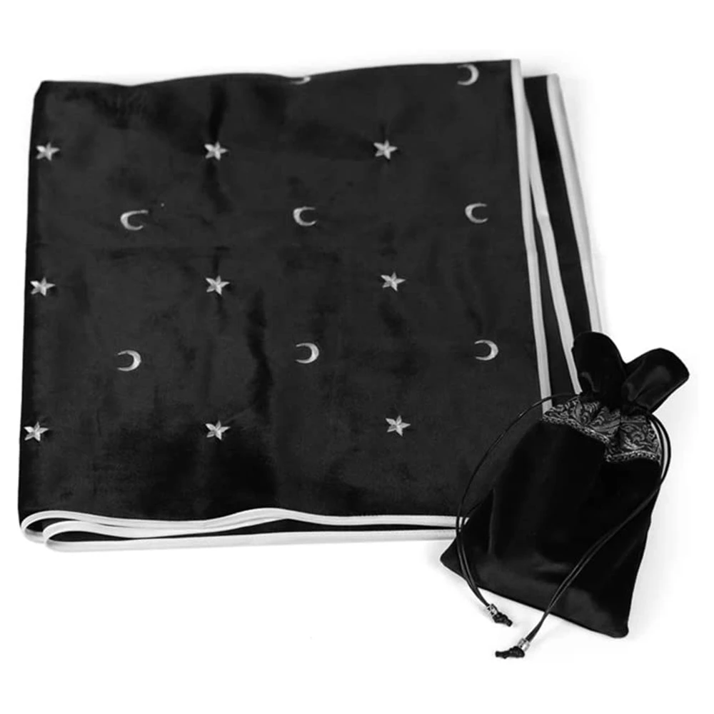 Toalha de mesa de tarô de altar, toalha de mesa de adivinhação de tarô de veludo com cartas de tarô, bolsa de jogo, toalha de mesa bordada de estrelas preta