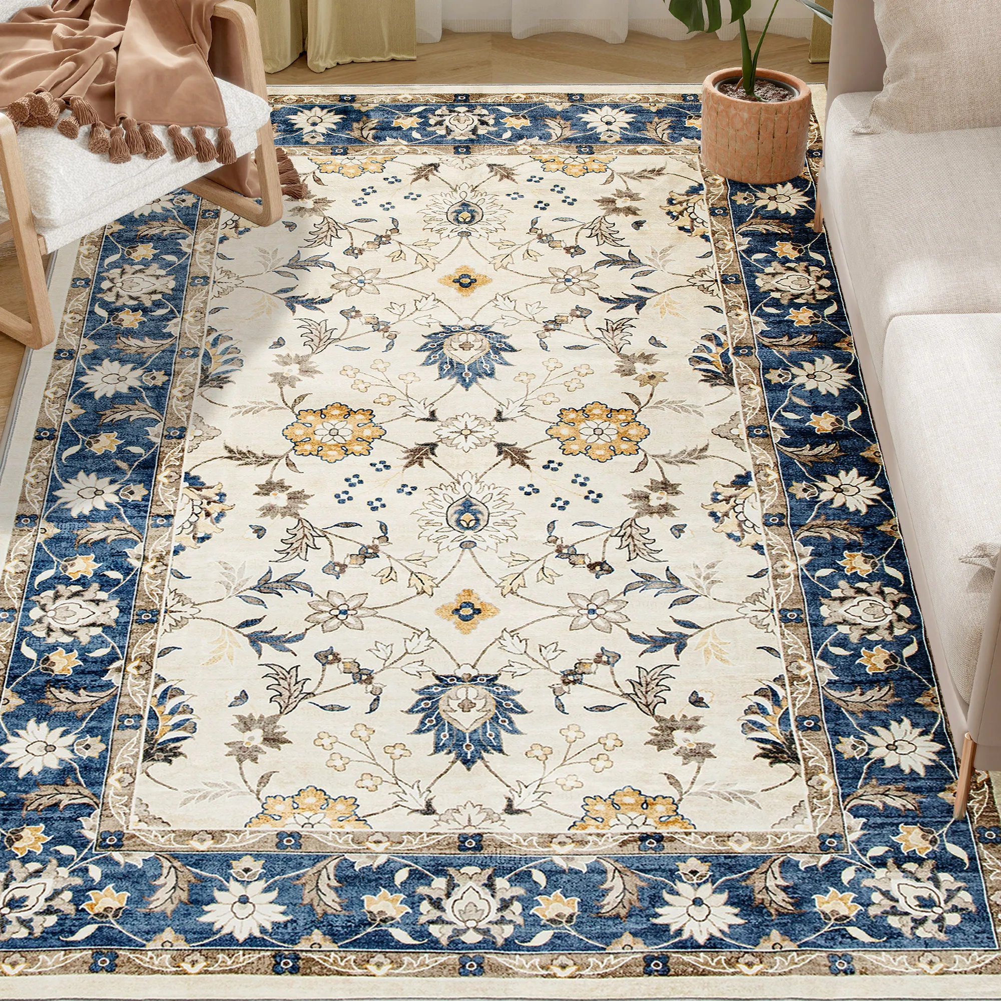 Machine Washable Area Rug, 4x6 Vintage Oriental Medallion Distressed Rugs Soft Printed Floor Mat, Blue