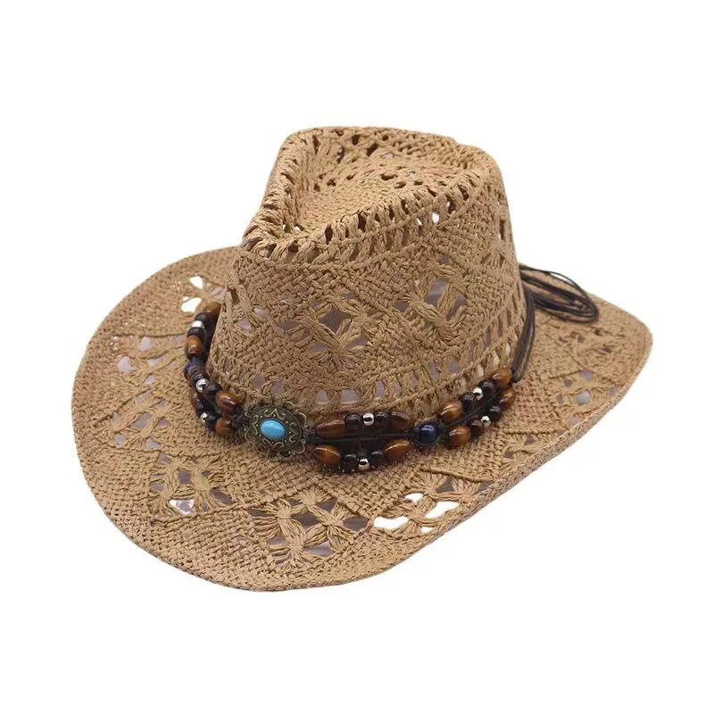 Vintage Sommer Strand Bohemian Strohhut mit Muscheln für Damen und Herren, Western Cowboyhüte mit Holzperlen, Ausgehöhlter Sonnenhut, Urlaubsmütze – Detail 15