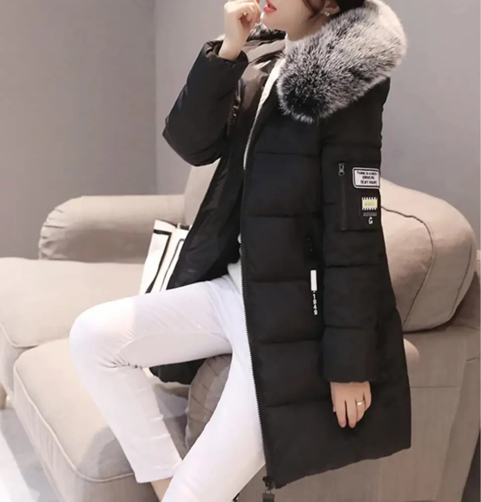

Women's Winter Cotton Padded Coat Thickened Hooded Mid-Length Jacket with Zipper Pockets Long Sleeve Warm Outerwear