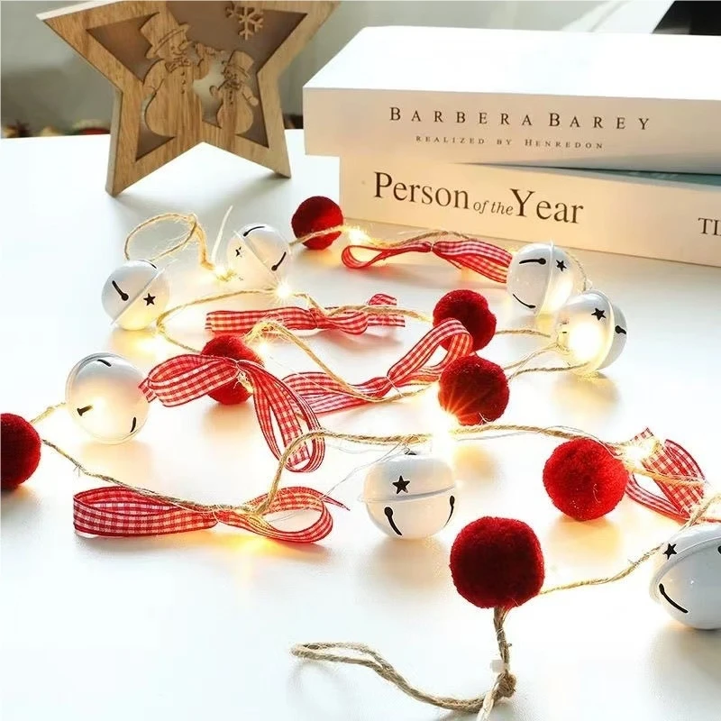 Christmas Bell String Lights with Red Pom Poms Bow Warm White LED Fairy Lights Battery Operated Indoor Home Xmas Tree Decoration