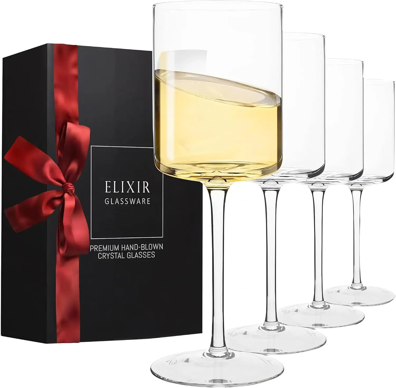

ELIXIR Premium Square White & Red Wine Glasses Set of 4-14oz - Unique Hand Blown Red or White Wine Glass in Gift Packagi