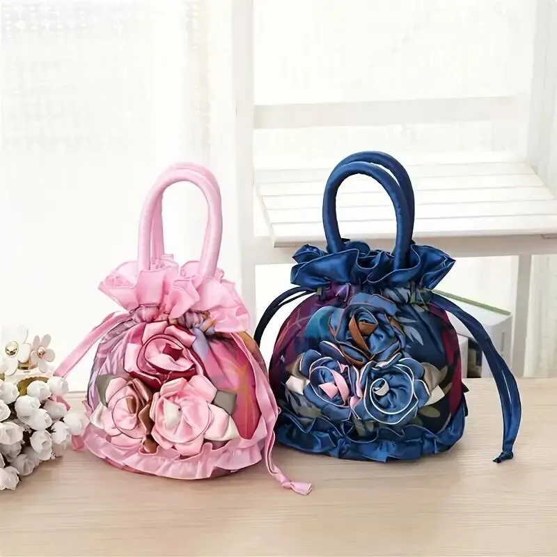 Borsa con coulisse con decorazioni floreali borsa da sera piccola alla moda borsa per telefono semplice borsa a secchiello carina borsa a fiori in pizzo