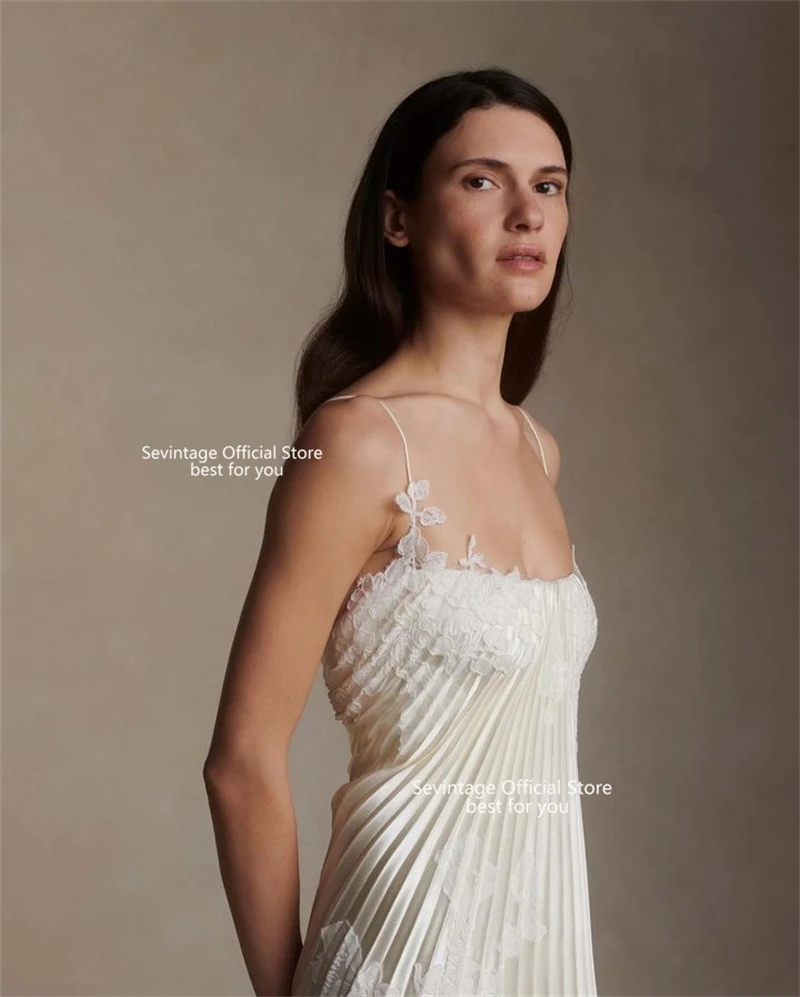Sevintage Boho Lace Wedding Dresses Mermaid Draped Pleats Bridal Gowns Spaghetti Straps Wedding Dresses Backless Train Women2024