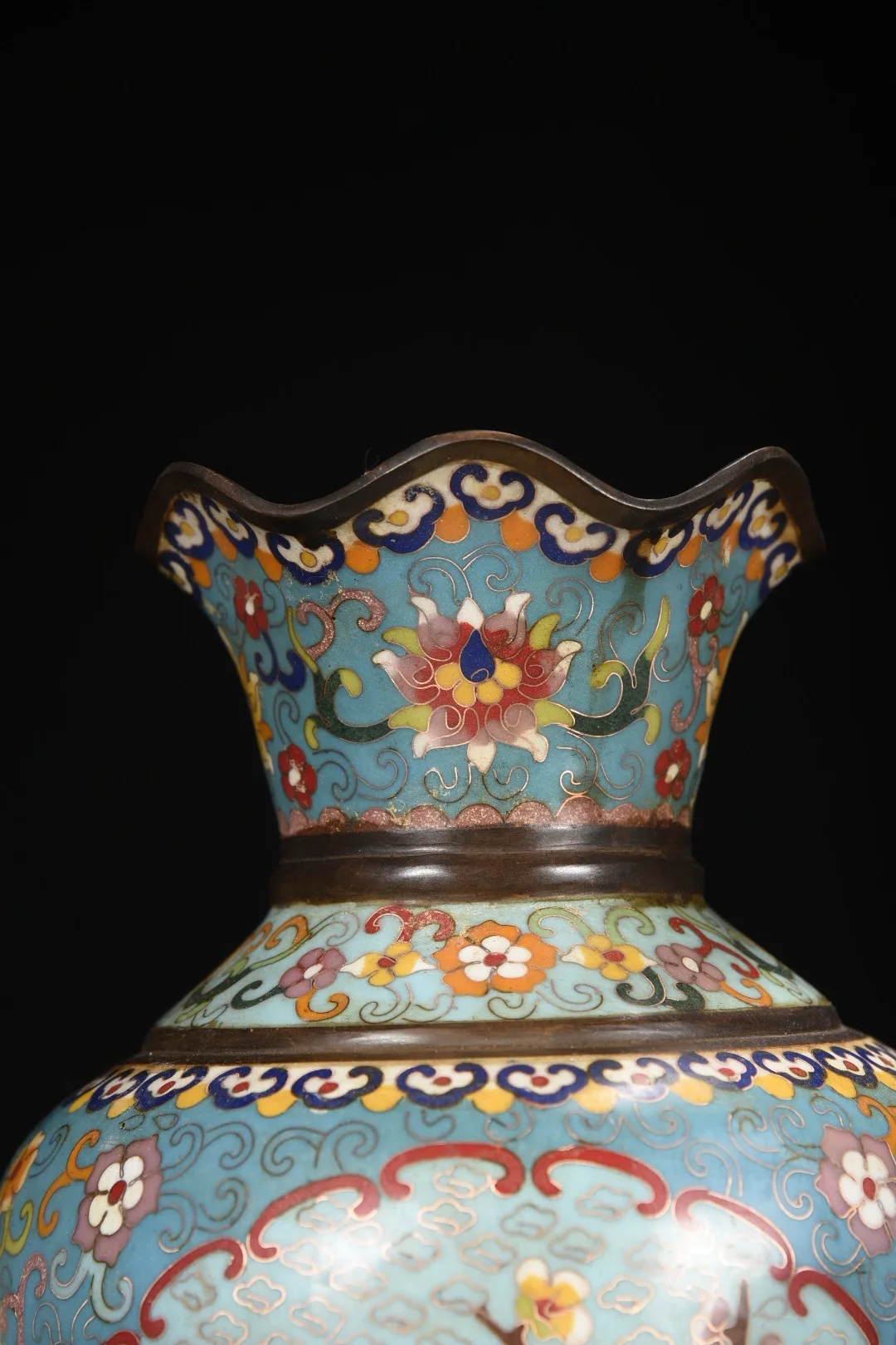 Old Bronze Cloisonne Enamel Flower Texture Magpie and Plum Blossom Elephant Head Ear Bottle Hexagonal Vase Ornaments