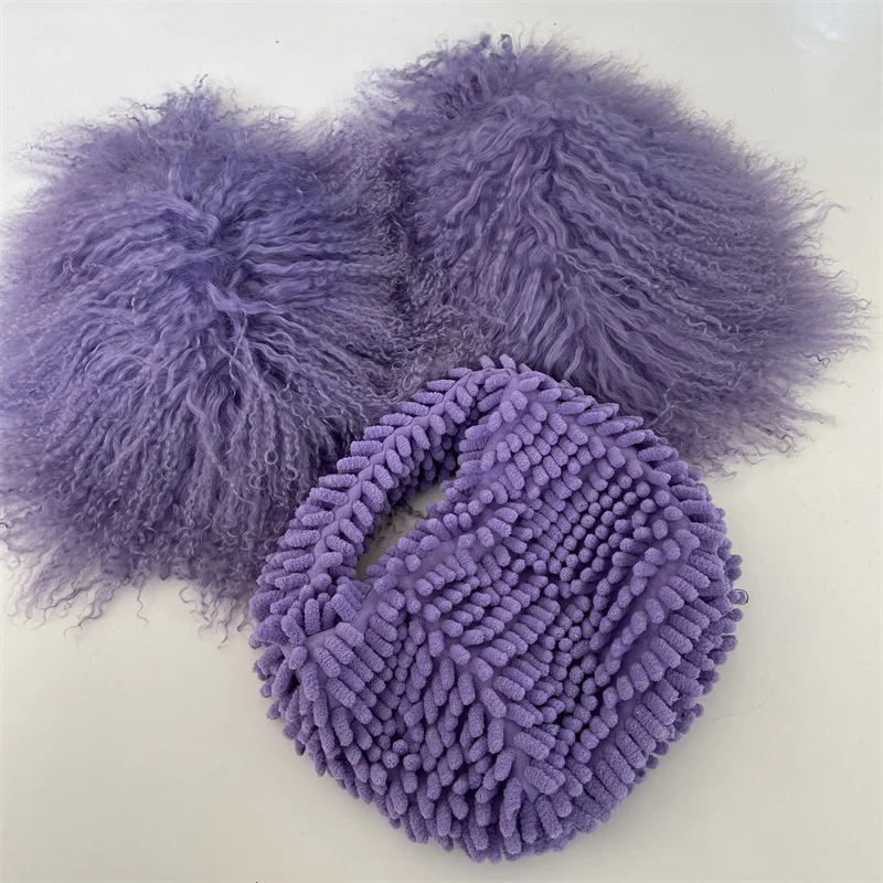 Popular Winter Mongolian Fur Slippers Lady Fur Purse Set Round Toe Fur Slides Woman Shoes Women Fur Bag with Shoes