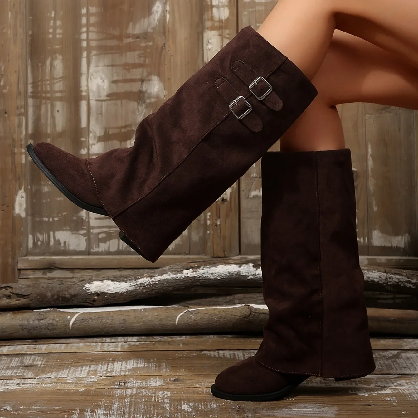 Frühling Herbst Neue Retro Runde Zehe Damen Kniehohe Stiefel 2026 Mode Schnallendekor Einfache Lässige Tägliche Outdoor Damenschuhe – Detail 12