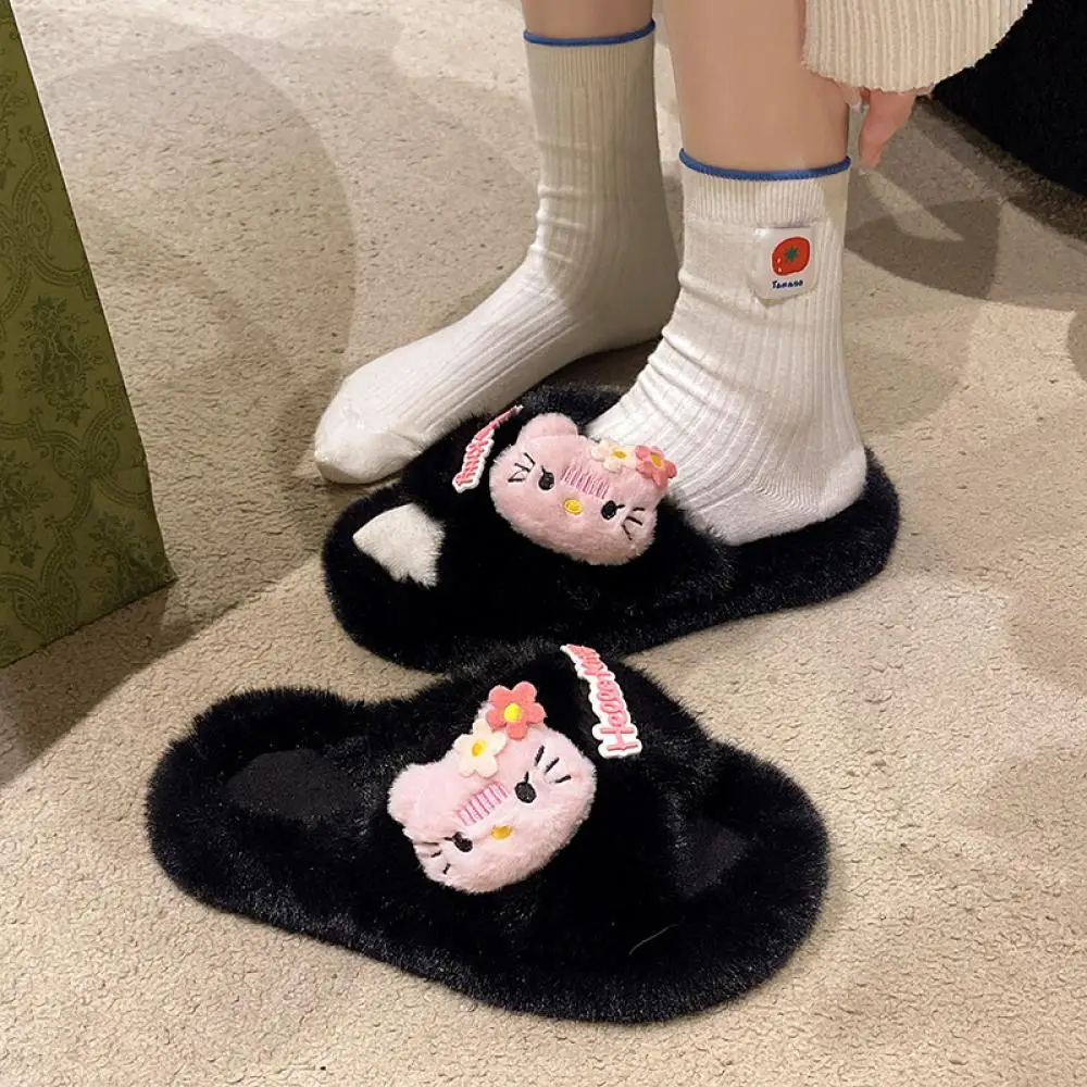 

Kawaii Hello Kitty домашние плюшевые тапочки, зимние женские теплые домашние противоскользящие меховые тапочки Kt, домашние тапочки для девочек на толстой подошве