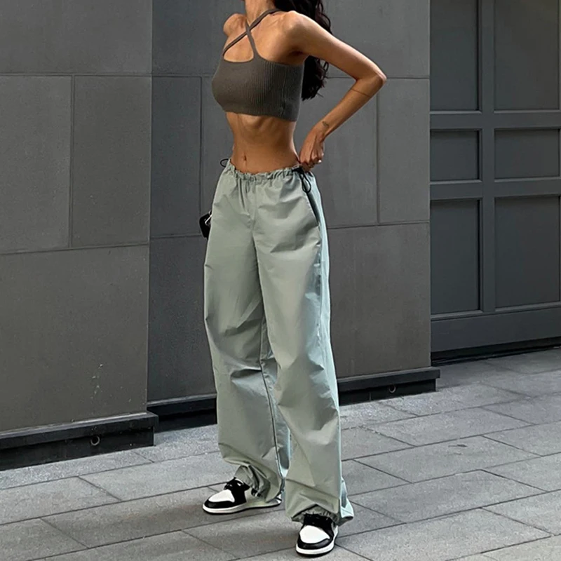 

Y2K Cargo Pants Women Low Waist Drawstring Sweatpant Streetwear Vintage Baggy Wide Leg Trousers Oversized Parachute Pants Jogger