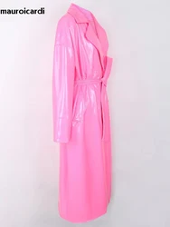 Mauroicardi Spring Long Soft Thin Flowy Shiny Reflective PVC Trench Coat for Women Sashes Y2K Streetwear Runway European Fashion