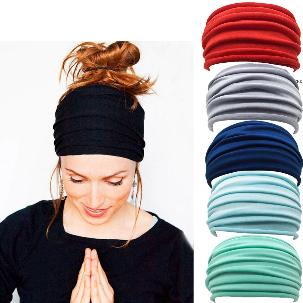 Multi Colors Women Nonslip Elastic Folds Yoga Hairband Fashion Wide Sports Headband Running Accessories Stretch Hair Band