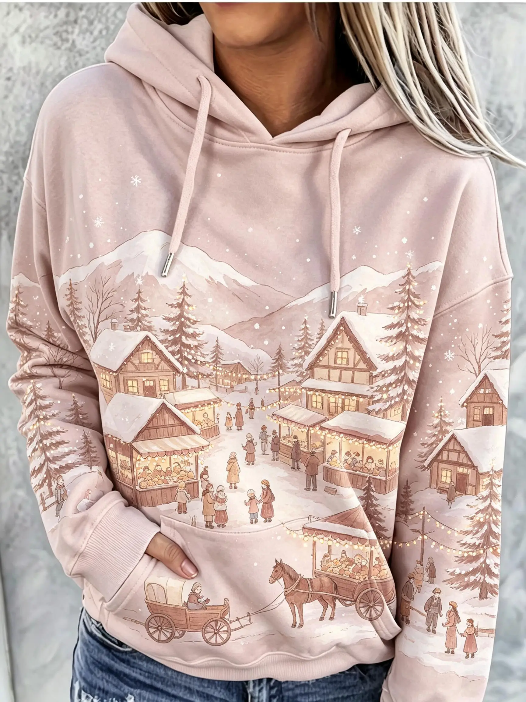 Sudadera con capucha de forro polar para mujer, con estampado completo de motivos navideños retro, paisaje de montaña nevada y mercado, manga larga, bolsillo y corte holgado.