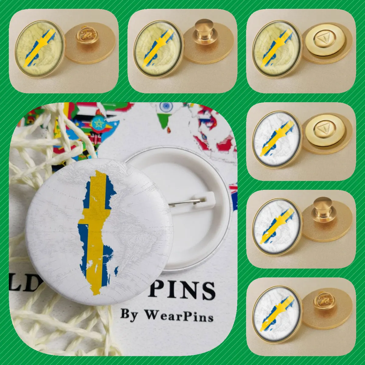 Sweden Swedes Swedishs Flag National Emblem National Flower Brooches Badges Lapel Pins