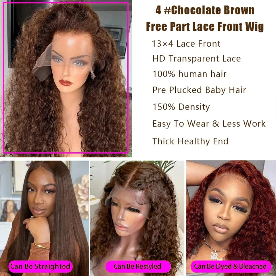 40 Polegada chocolate marrom onda profunda perucas dianteiras do laço 13x4 13x6 hd peruca frontal do laço 100% cabelo humano peruca encaracolado sem cola para mulher