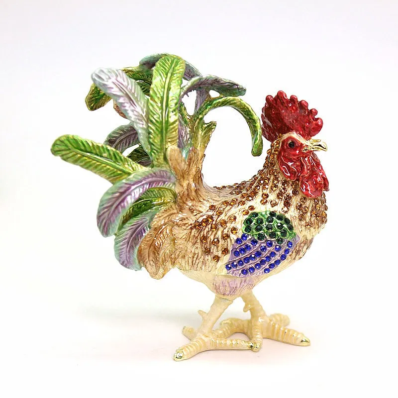 

SHINNYGIFTS Hand Painted Enamel Hinged Rooster Trinket Box, Unique Bejeweled Storage for Mini Ring Necklace Jewelry