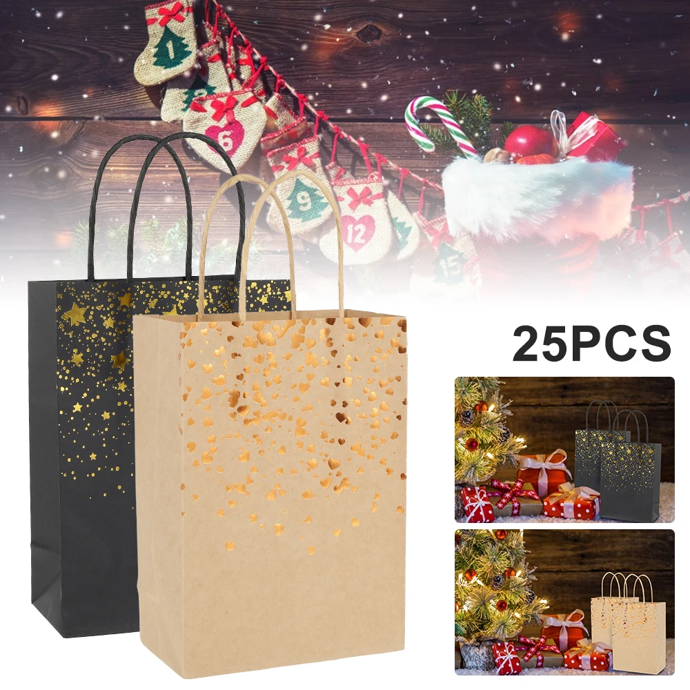 Bolsas de regalo de papel Kraft con asa, 25 piezas, decoración de estrellas de Navidad, embalaje de galletas para fiesta de Navidad, Festival de bodas