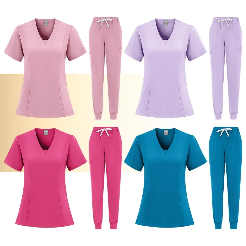 

Multicolour Jogger Suits Doctor Nursing Uniforms Short Sleeve V-neck Tops Pocket Pants Nurse Scrubs Set Medical Clinical Clothes