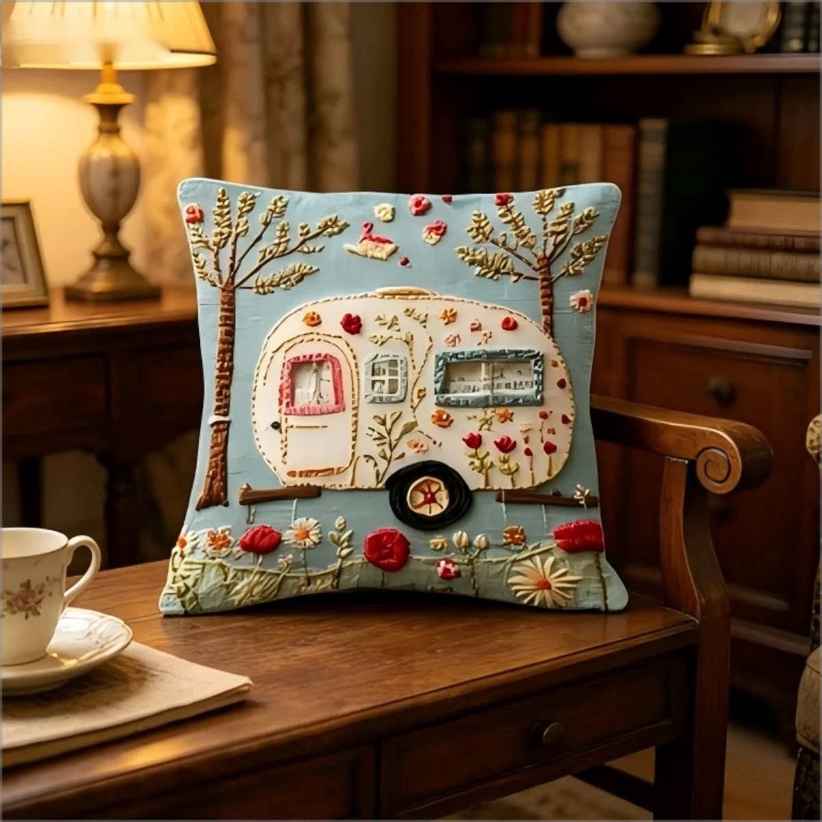 Cute Camper Van Pillow Cover 2D Faux Embroidery Print Boho Floral Camping Car Cushion Case for Sofa Bed Couch Travel Home