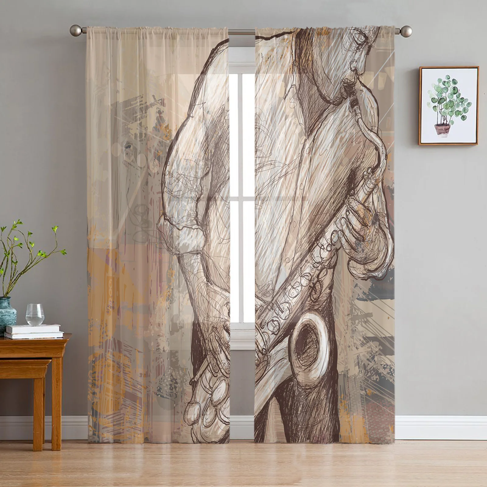 

Saxophone Jazz Street Tulle Curtains for Living Room Home Decor Window Curtain Bedroom Sheer Curtains Printed Curtains