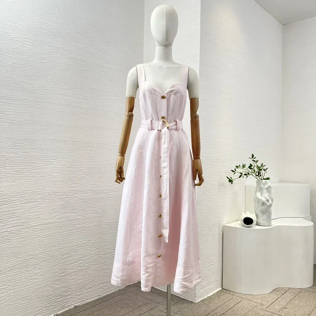 Original 2024 New Women Summer Pink Sweetheart Neck Sleeveless Golgen Buttons Decoration Midi Dress for Party Holiday Lady