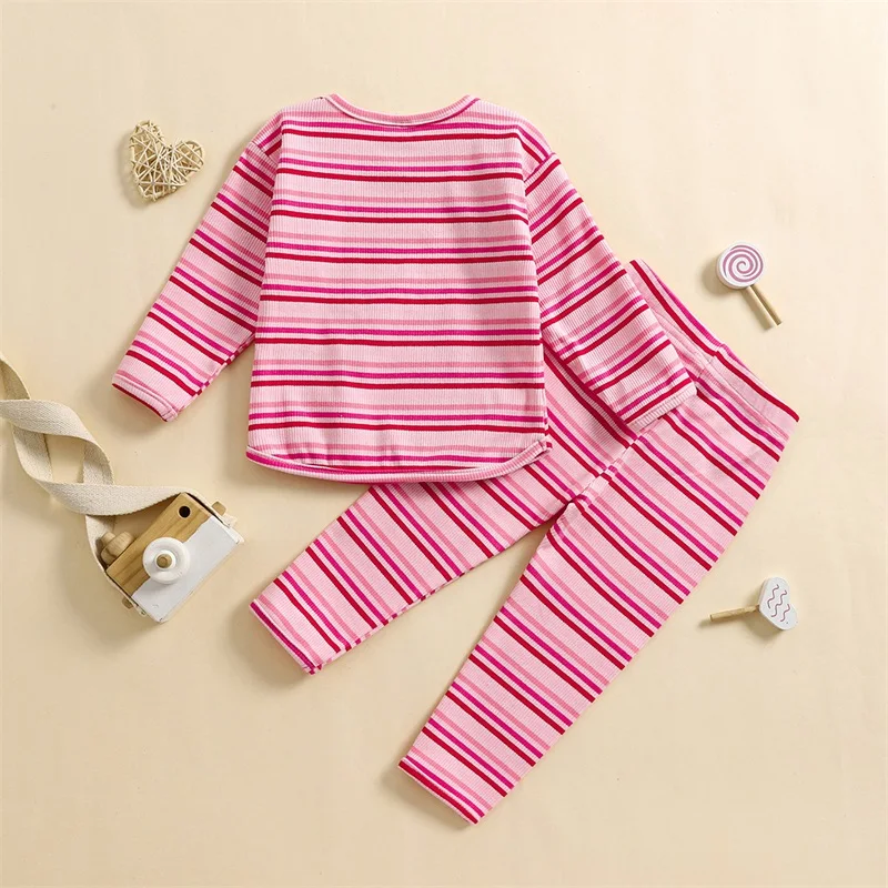 Toddler Boys Girls Fall Outfits Stripe Round Neck Long Sleeve Tops and Long Pants 2Pcs Clothes Set