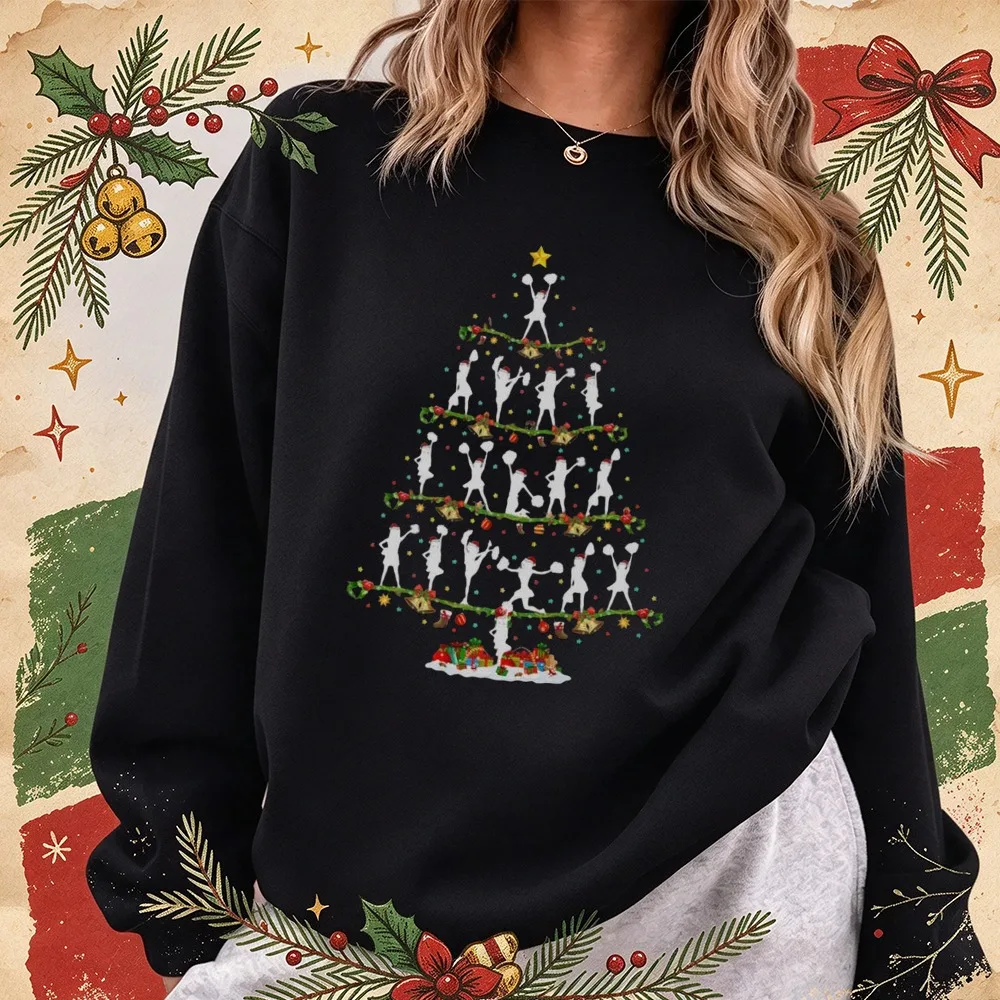 Cheerleader Silhouette Christmas Tree Graphic Long Sleeve Pullover Casual Winter Xmas Holiday Women Crew Neck Sweatshirt Tops