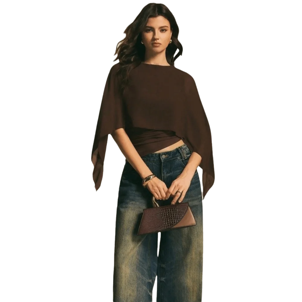 Round Neck Cape Sleeve Top Ruched Waist Slim Fit Irregular T-Shirt Open Front Sheer Fabric Batwing Sleeve Top Summer Wear