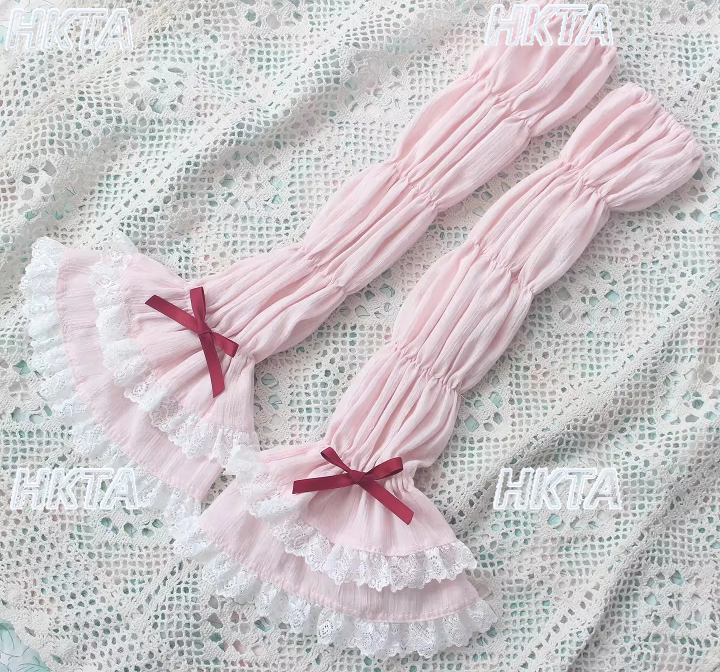Handmade Sweet and Cute Lotus Knot Lace Splicing Bow Versatile Pink Hand Sleeves Women Lolita Long Sleeves Arm Cover Accessories