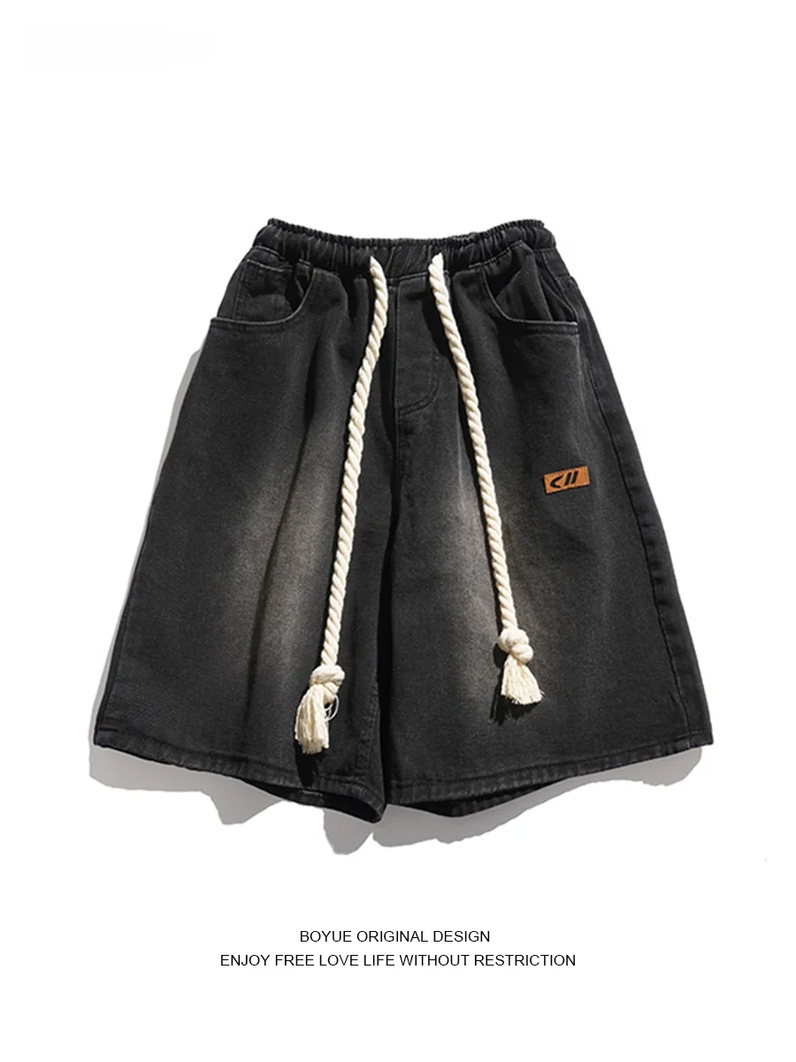 

Boyue Waed Denim orts American Retro Summer BF Sle Simple Elastic Waist Vibe Men's Five-Quarter Pants Casual Loose Fit