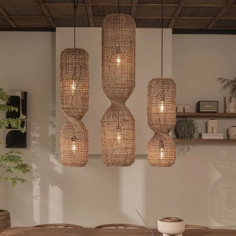 

Wabi style art decor rattan chandelier retro duplex spiral staircase lamp Japanese homestay restaurant bar staircase lamp