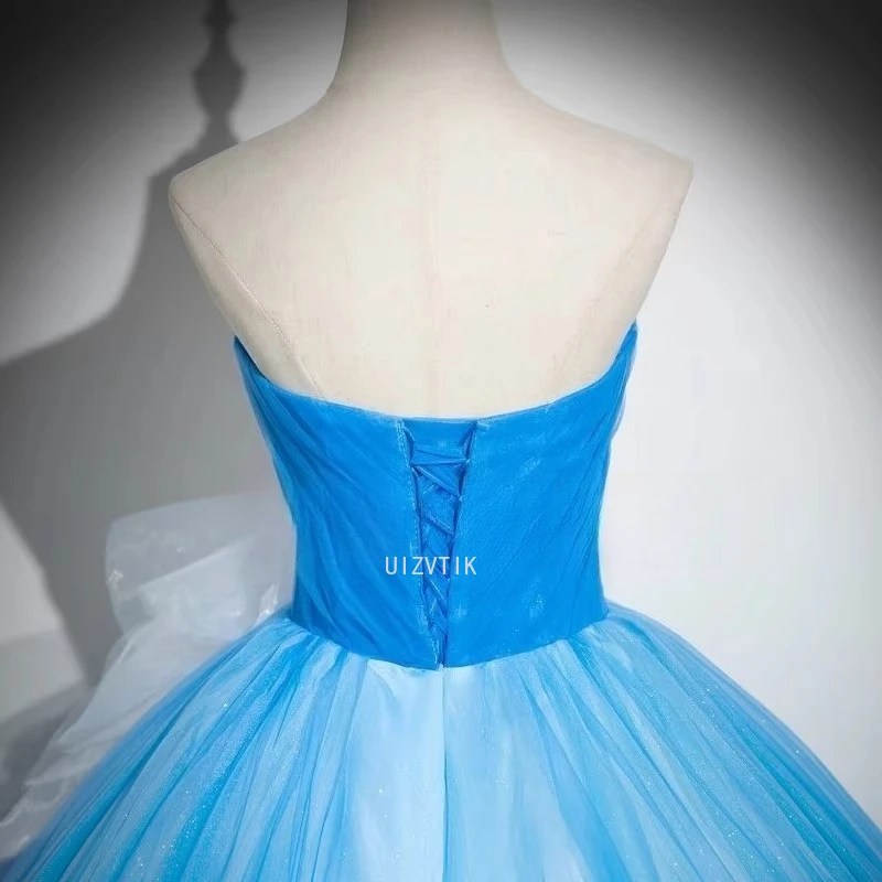 Vestido de fiesta con apliques de lujo azul, vestido de baile para mujer, escote en forma de corazón con cordones en la espalda, largo hasta el suelo brillante, vestidos de noche de fiesta personalizados